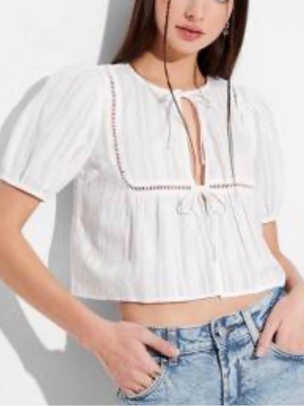 Wild Fable Cropped Peasant Tie-Front Top